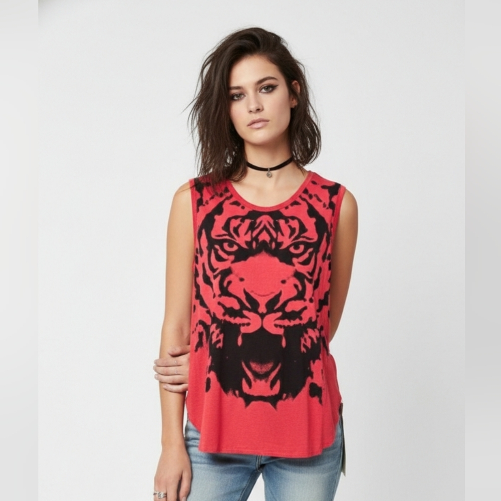 Xhiliration Tank Tiger Asian Grunge Punk Red Festival Floral M FLAW